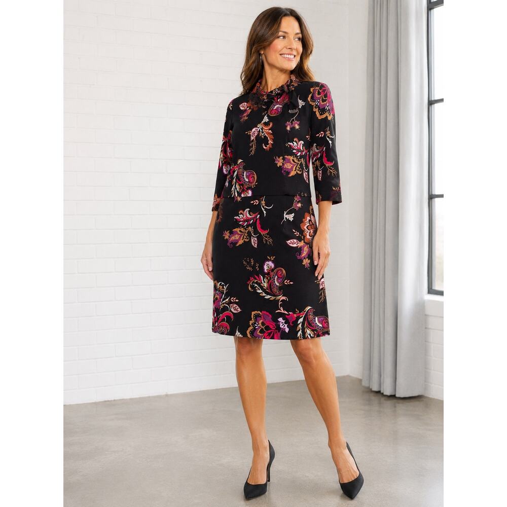 Liz Claiborne Women’s Size 14 Paisley Floral Tie Neck Sheath Dress 3/4 Sleeve